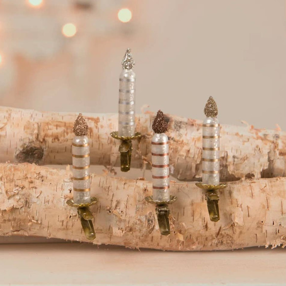 Bethany Lowe Set of 4 Metallic Striped Candle Christmas Tree Ornaments New - Picture 1 of 1